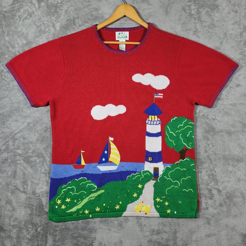 Quacker Factory Sweater Women XL Lighthouse Sailboat Nautical Knit Top Vintage